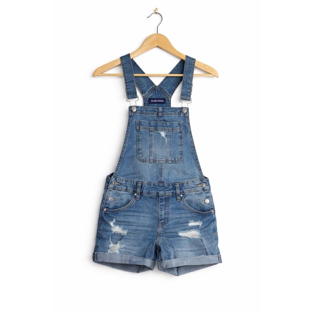 Blue Spice Denim Short Overalls Women’s Size 3 Distressed Stretch Jean Bibs